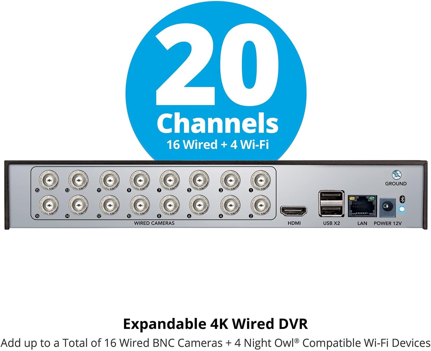 Night Owl 2-Way Audio 20 Channel 4K Video Home Security DVR with Customizable Storage (Add up to 20 Total Cameras)