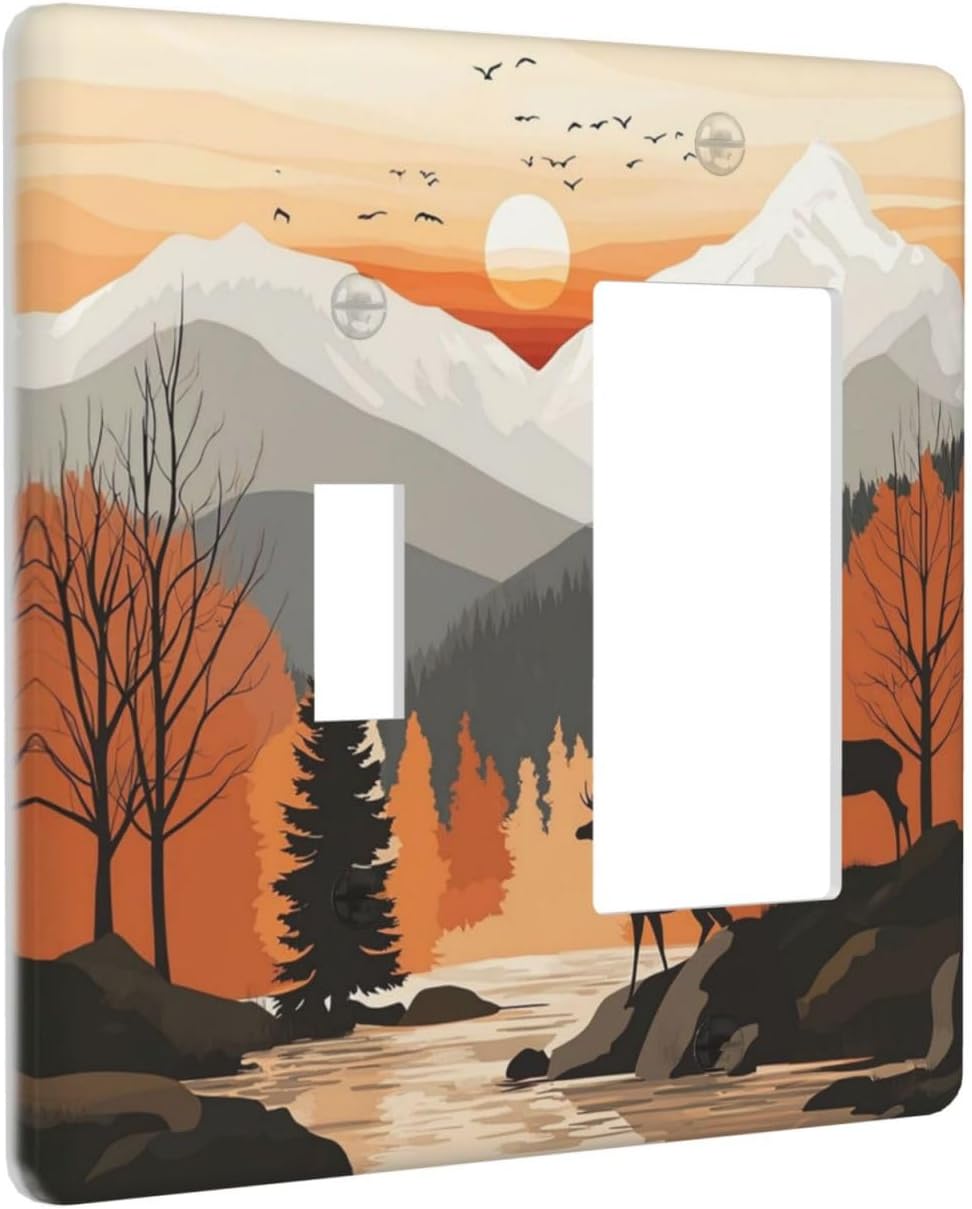 Sun Forest Deer Snow Mountain River Outlet Covers 1 Toggle 1 Rocker Combination Decorative Wall Plate Electrical Switch Plates Light Switch Cover Plate For Bed Room Living Room Decor