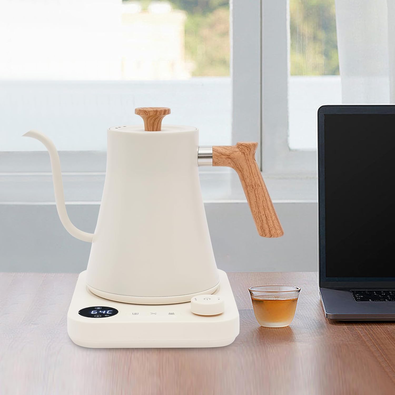 Electric Gooseneck Kettle, 0.9L 1200W Stainless Steel Kettle with ±1°F Precision Temperature Control, Adjustable Keep Warm & LED Display, Ideal for Pour Over Coffee and Tea (White)