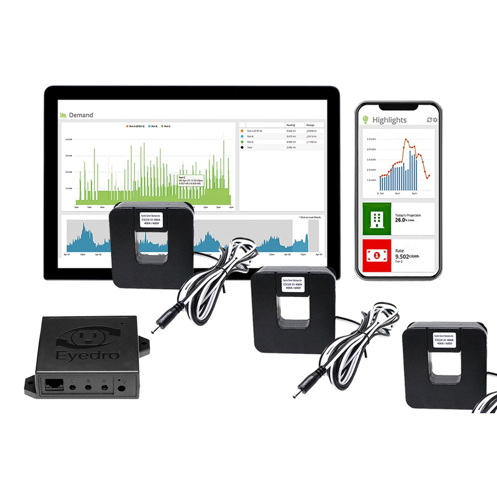 Eyedro Business 3-Phase Energy Monitor - High-Resolution Electricity Usage Data via My.Eyedro.com - Alerts - Reports - Real-time Energy Costs - E5B-EW-E3-800A (Ethernet/WiFi) - 3 x 800A Sensors