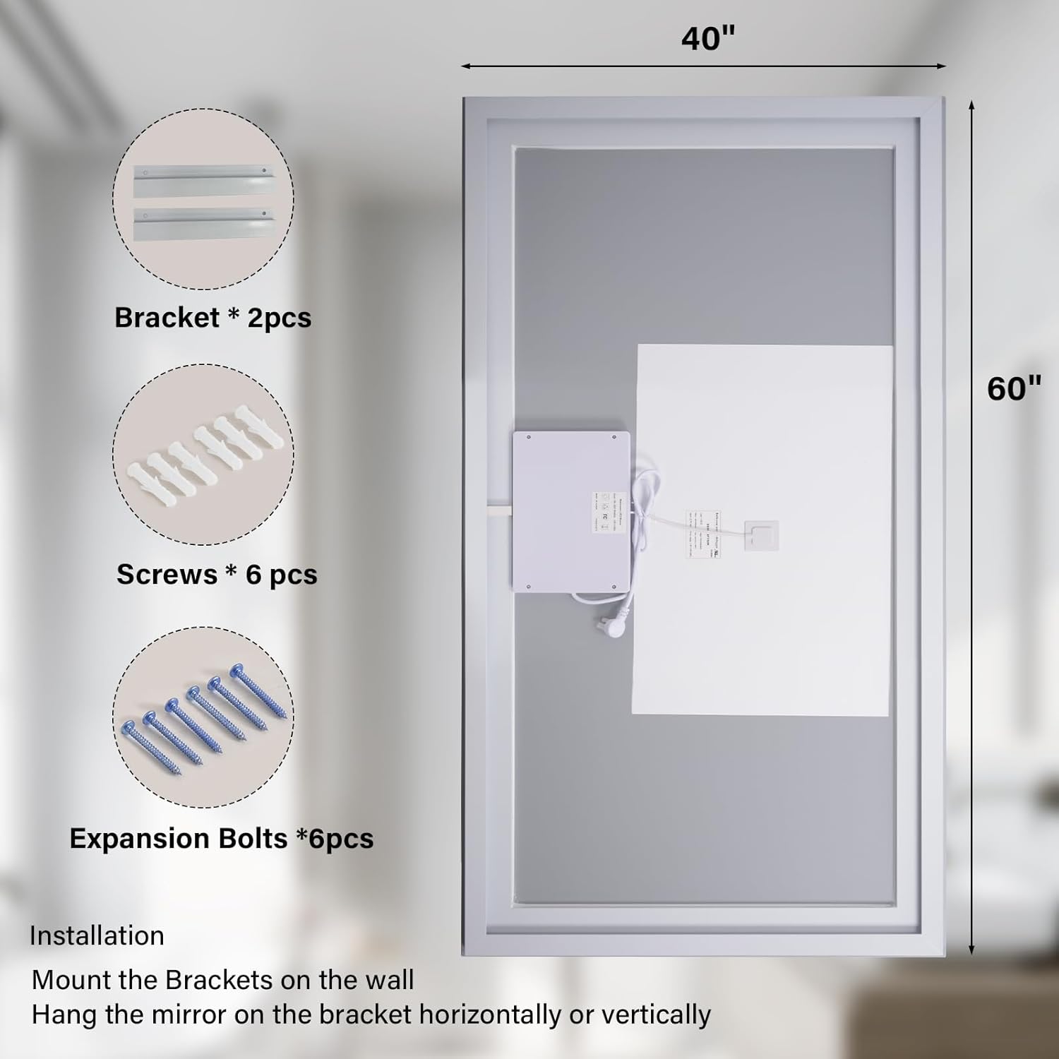 40"x 60"LED Bathroom Mirror, Backlit + Front Lit, LED Bathroom Mirror with Lights for Wall, 3 Colors, Anti-Fog, Dimmable Brightness, Tempered Glass
