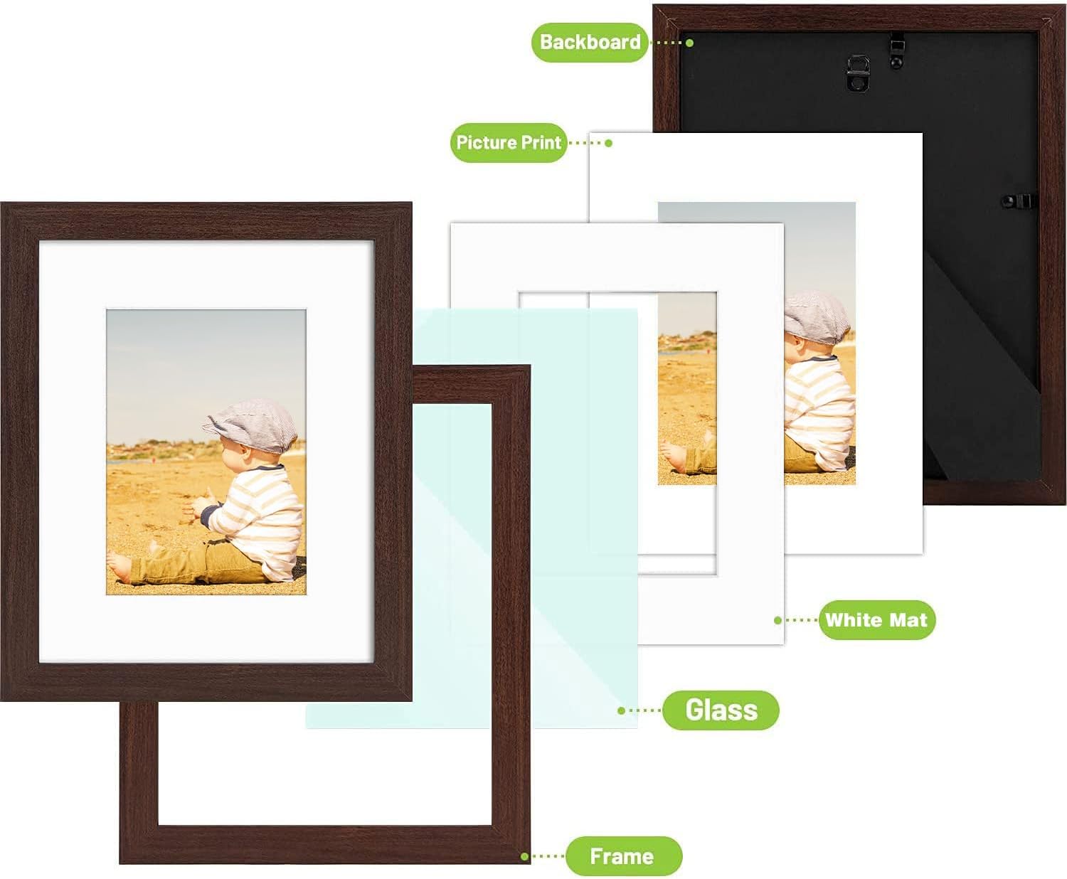 Golden State Art, 8x10 Picture Frame with Mat for 5x7 Photo - High Definition Glass Wall Mounting or Tabletop Display (Brown, 2 Pack)