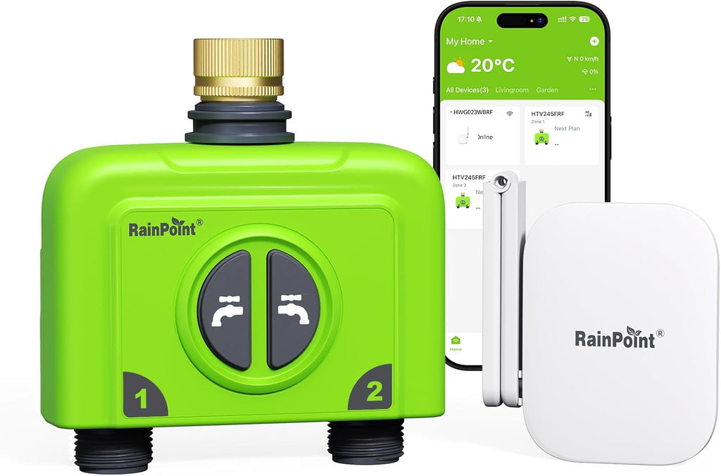 RAINPOINT WiFi Water Timer for Garden Hose, 2 Zone WiFi Sprinkler Controller, Smart Hose Timer Valve, Automatic Drip Irrigation System/Rain Delay for Garden/Lawn/Yard (Brass Inlet, WiFi Gateway)