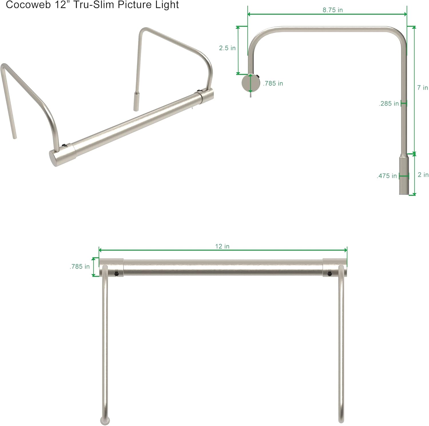 Cocoweb 12 Inch Tru-Slim Satin Nickel Picture Light - LED, 2700K, Adjustable Arm, Plug-in, Toggle Switch, Sleek and Compact Design