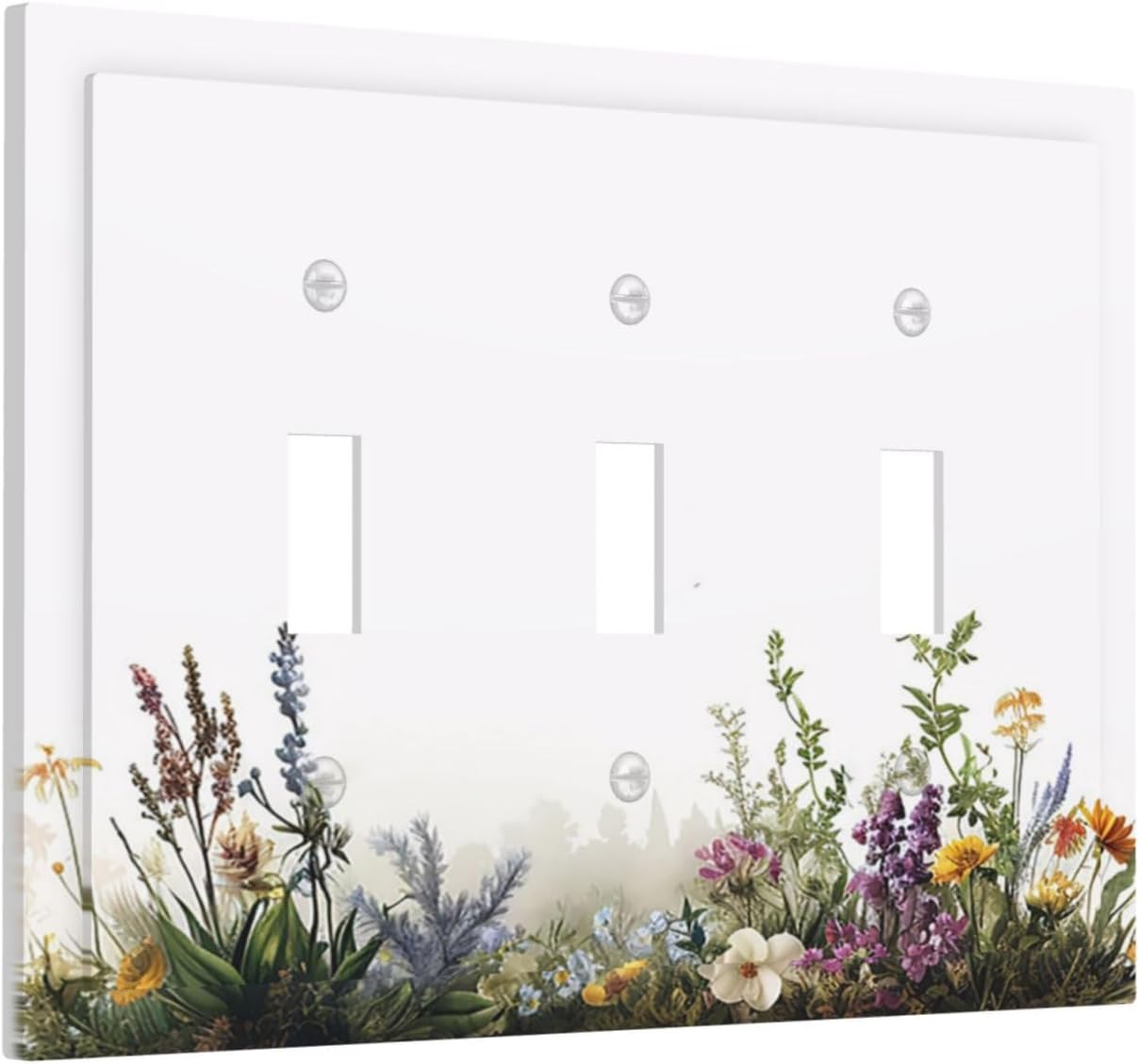 Decorative Light Switch Cover Plate White Background Colorful Flowers Plants Green Leaves 3 Gang Wall Plate Triple Toggle Switch Plate Covers Electrical Outlet Cover for Bedroom Home Decor
