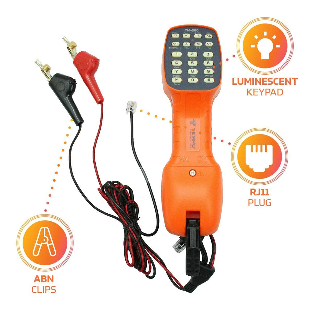 TEMPO Communications TM-500 Telephone Test Set, DSL-Compatible Lineman's Butt Set w/Headset, Tone and Pulse Dialing, ABN Bed of Nails & Spike Alligator Clips (TM-500)