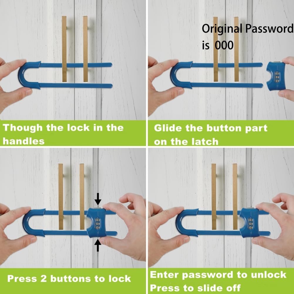 4 Pack Child Proof Sliding Cabinet Door Code Locks Baby Safety Cupboard Locks Adjustable U Shaped Cabinet Latches for Knob Handle Drawers Closet (4 PCS, Blue)