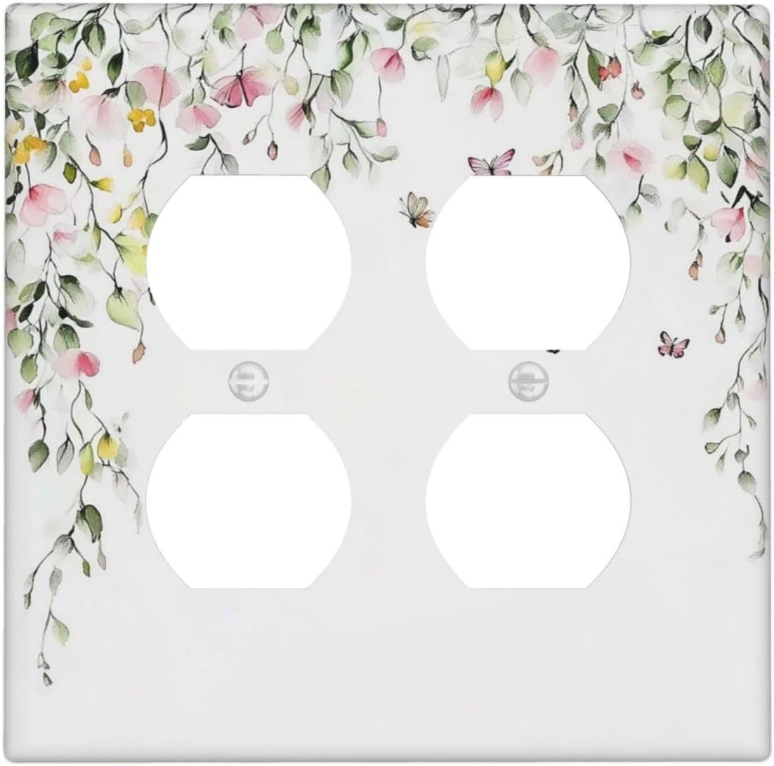 Watercolor Flowers Vine Colorful Butterfly Floral Outlet Covers 2 Gang Double Duplex Decorative Light Switch Covers Electrical Wallplates Socket Faceplate For Bed Room Living Room Decor