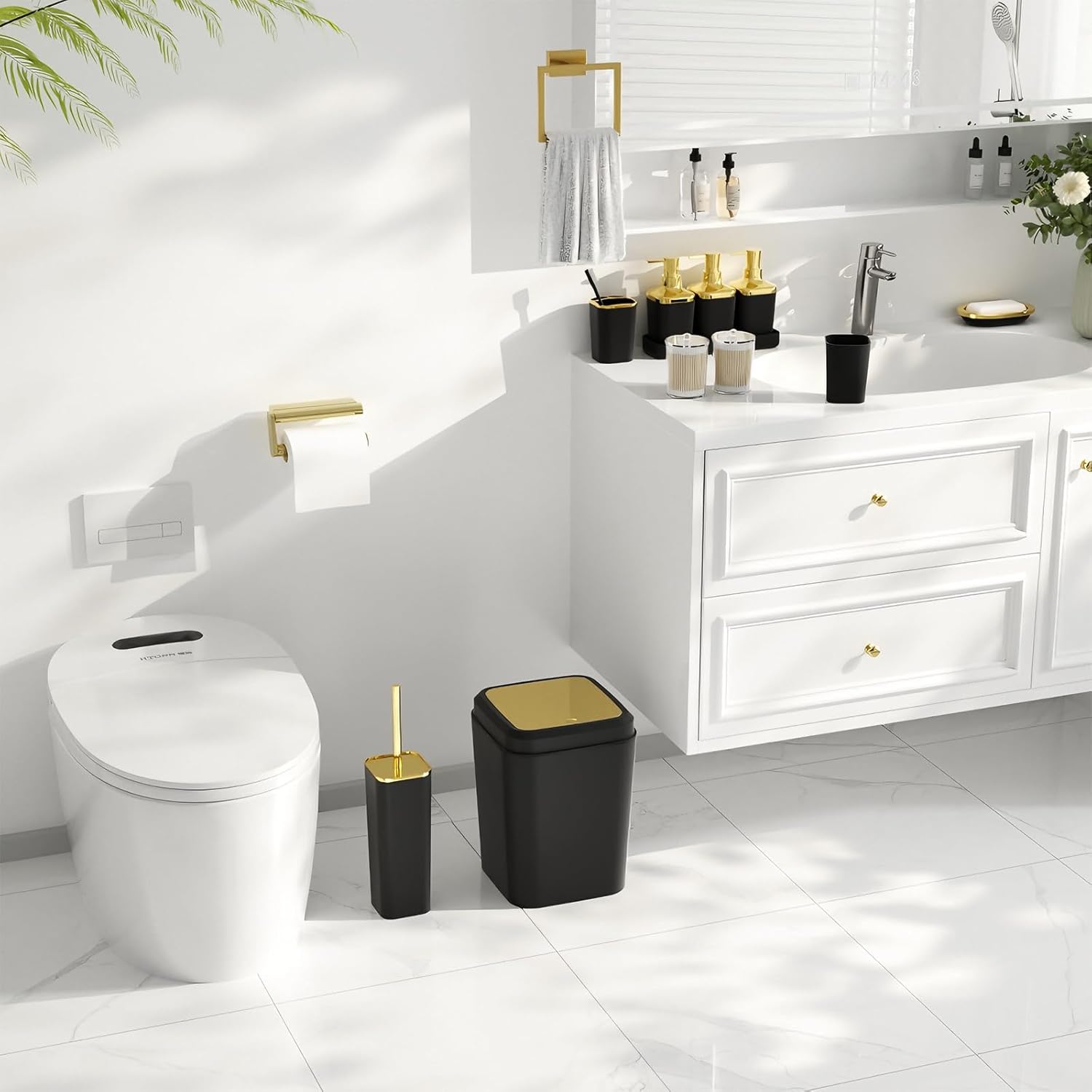 Bathroom Set - Bathroom Sets with Shower Curtain and Rugs, Bathroom Accessory Set, Black Bathroom Accessories Set with Trash Can, Toilet Brush and Soap Dispensers