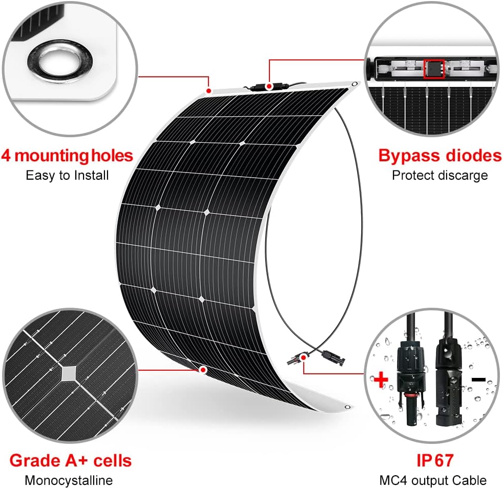 DOKIO 600W (6×100W) Flexible Solar Panels 18V Monocrystalline for 12V Battery Charging, Semi-Flexible ETFE with MC4, Series or Parallel Expansion for RV Boat Van Camper Trailer Off-Grid Power