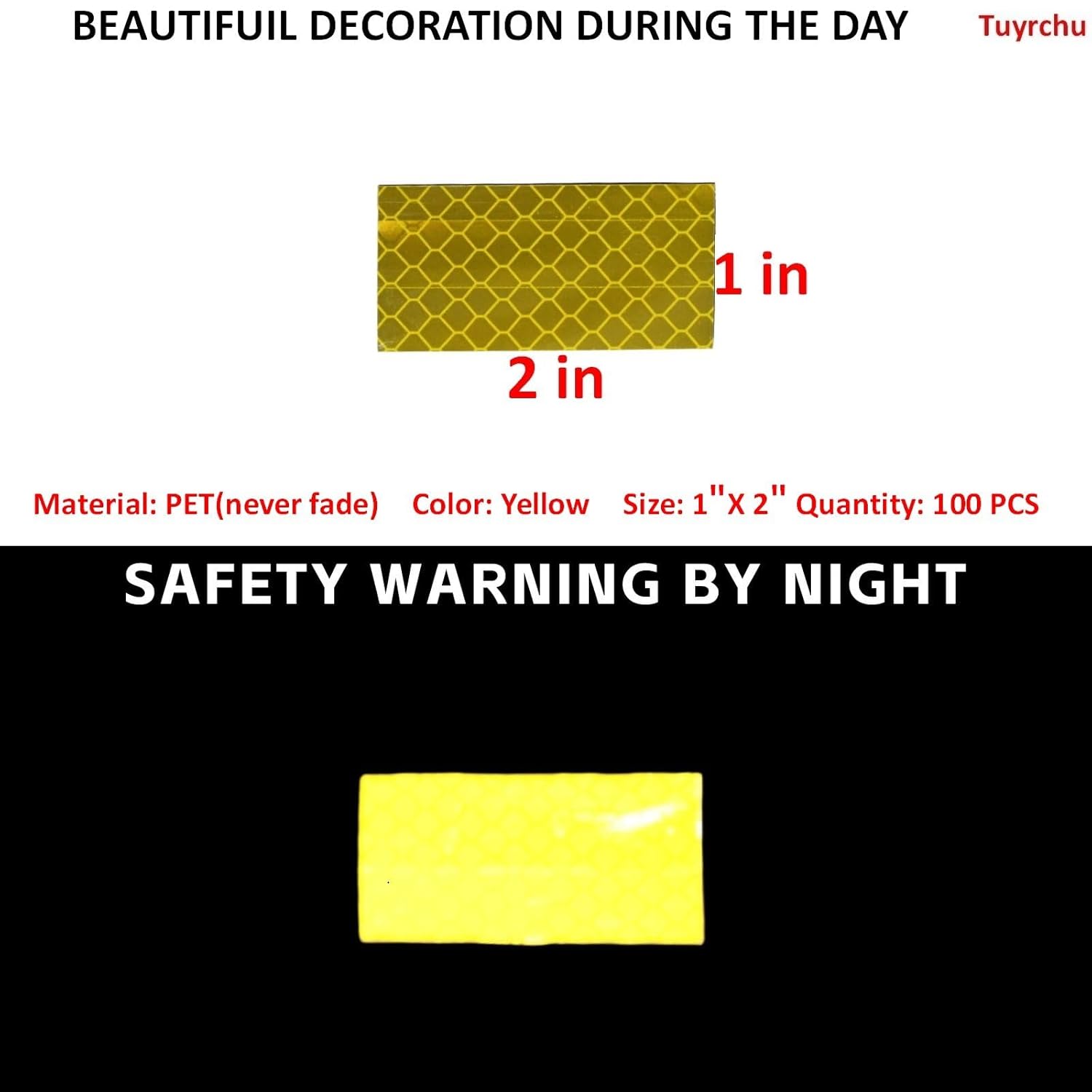 Non Fading Yellow Reflective Stickers 1 inch X 2 inch, Outdoor Waterproof High Visibility Warning Safety Adhesive Reflector Tape (100 Pcs)