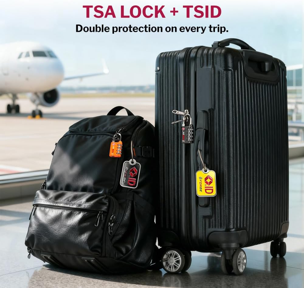 Forge Dual-Opening: Key or Combination Lock, TSA Approved Lock for Luggage, Pelican case, Travel, Gym, School, Luggage Combination Lock, Travel Bag Lock (Black 4 Locks and 2 ID)