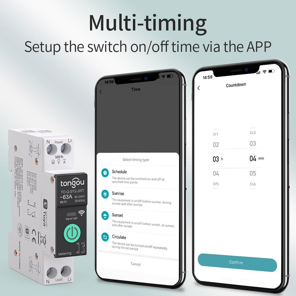 Smart Home DIN Rail WiFi Switch, 1P+N 1‑63A, Over-Current Protection, Tuya/Smart Life Remote Control, Voice Control via Alexa &Google Assistant, Energy Monitor, Timer Functions, FCC Certified