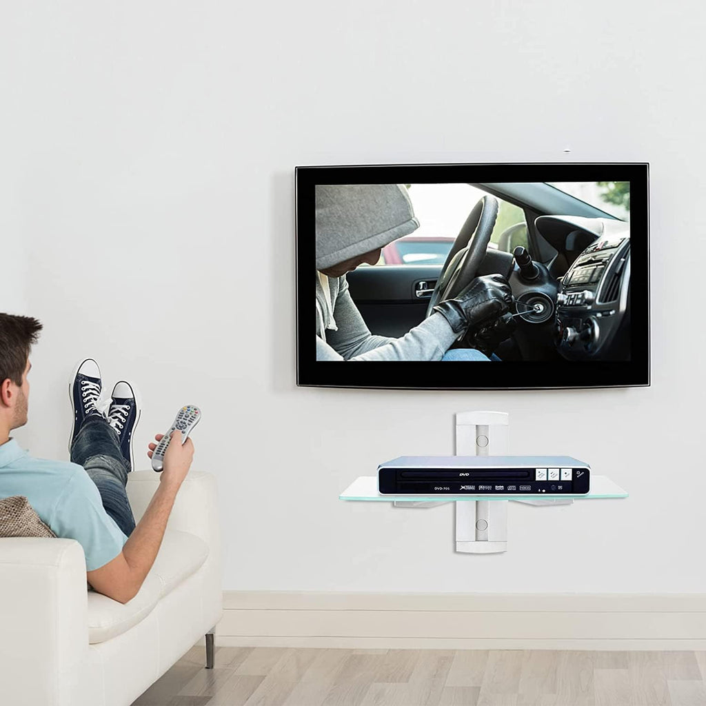 suptek Glass Floating Shelves, TV Wall Mount with Shelf for DVD Player / PS4 / Cable Boxes/Game Consoles/Sky Box/TV Accessories, Media Shelf, Flat Wall Mount Bracket, 1 Tier Shelf, Silver