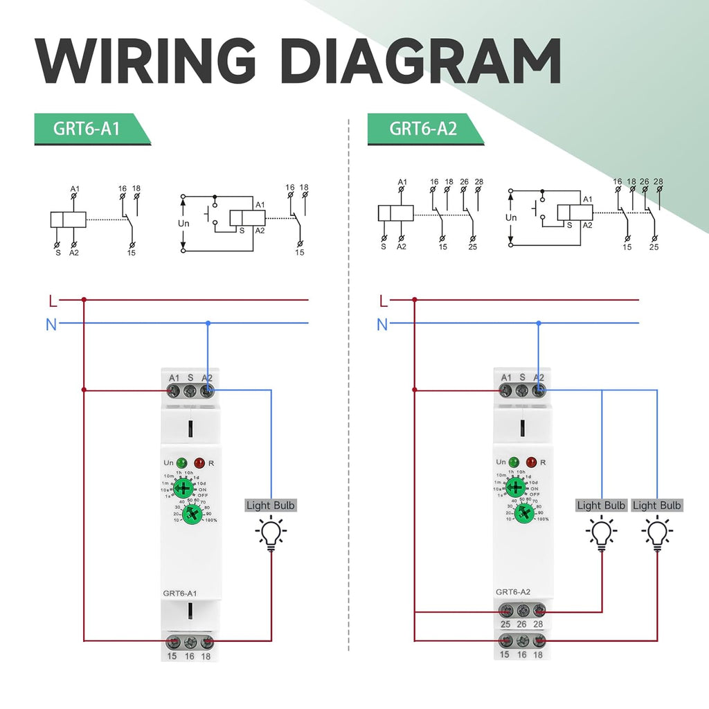 Delay On 10A Timer Relay, 24V Time Relay GRT6 A1 Voltage Range AC DC 24V to 240V DIN Rail Electronic Relays of Wide Time Delay Range for 0.1 Seconds to 10 Days