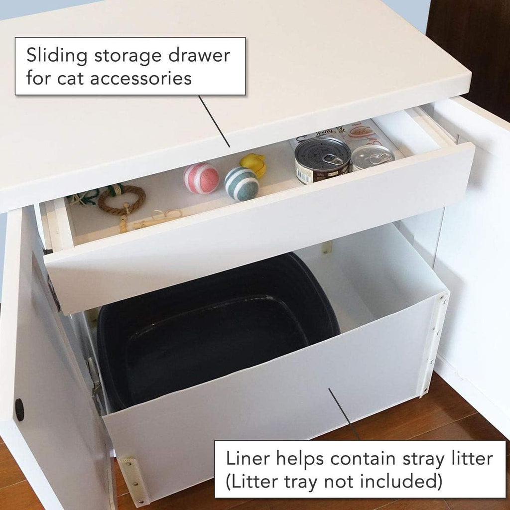 THE REFINED FELINE Cat Litter Box Enclosure Cabinet, Shaker, White, Adjustable Levelers, Large, Hidden Litter Cat Furniture with Drawer