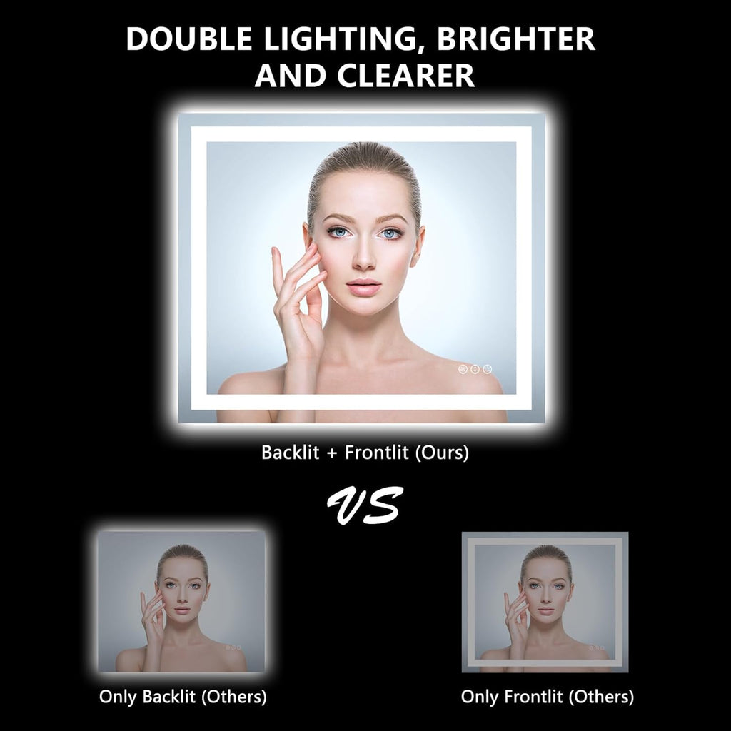 28x36 Inch LED Bathroom Mirror with Lights Front and Backlit Lighted Vanity Mirror for Bathroom Wall with 3 Colors Dimmable Anti-Fog Memory Shatter-Proof IP54 Waterproof Horizontal/Vertical