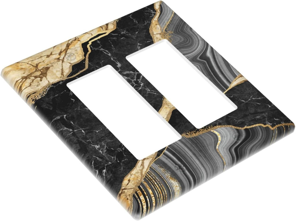 Decorative Outlet Covers Modern Abstract Black Gold Marble 2 Gang Light Switch Cover Plate Double Rocker Wall Plate Switch Plate Covers Faceplate for Bathroom Kitchen Decor （2 Pack）
