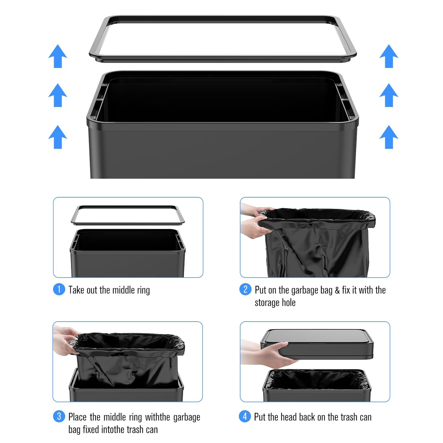 70L / 18.5 Gallon Smart Automatic Trash Can with Deodorizer Compartment, Stainless Steel Body and Mute Sensor Lid for Kitchen Office Living Room and More, Assemble Large Capacity Garbage Can - Black