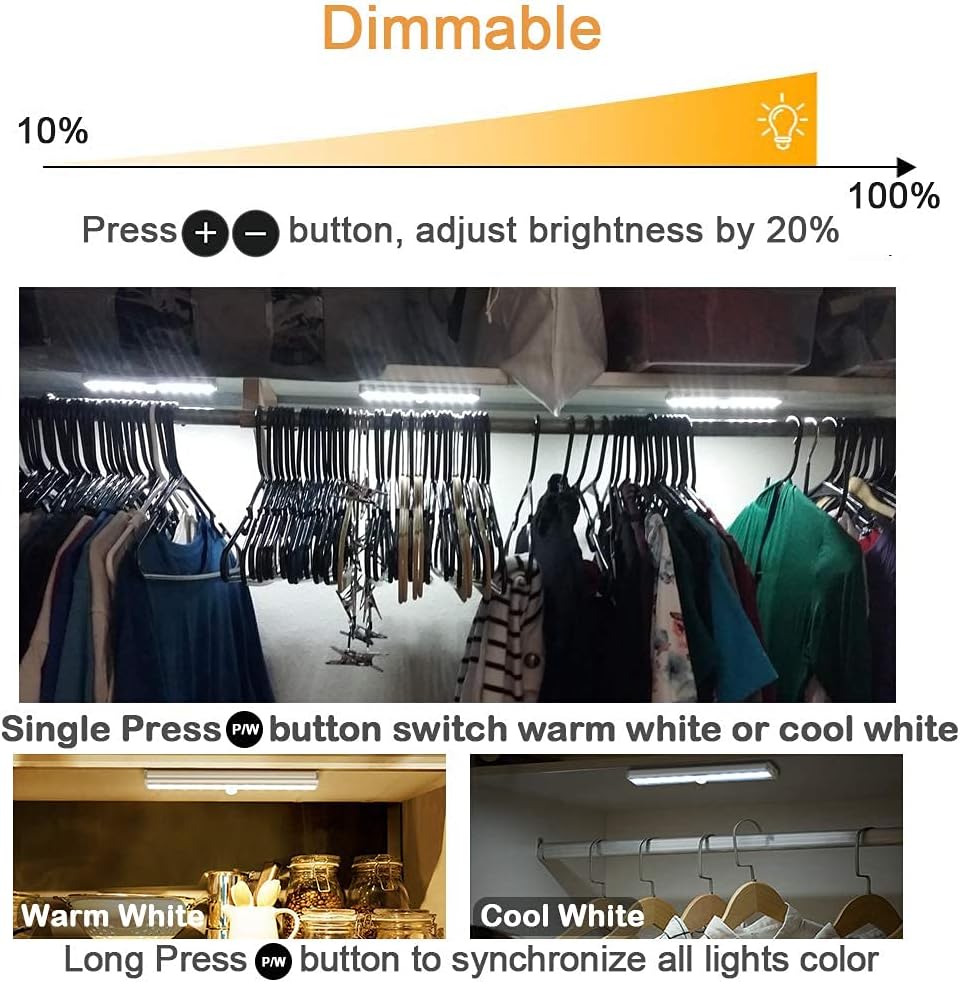Remote Control Under Cabinet Lighting Wireless 6 Pack, 20-LED Dimmable Closet Lights Rechargeable Under Counter Light, Stick on Touch Night Light Strip Bar for Kitchen Stairway Bedroom, 3 Colors