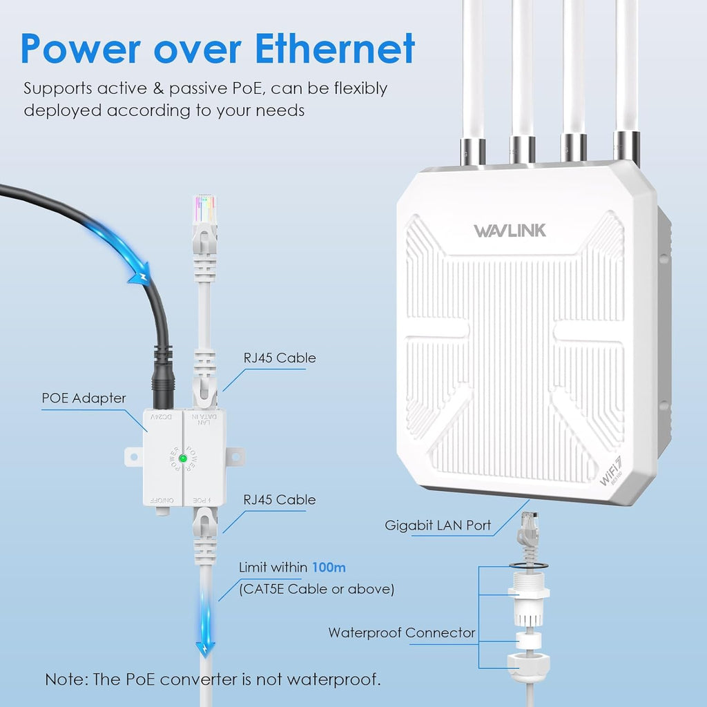 WAVLINK WiFi 7 BE5100 Outdoor WiFi Extender, Dual Band Long-Range Outdoor WiFi Repeater|Access Point|Mesh Router, POE Powered | IP67 Waterproof | 4 x 8dBi Antennas, 2.5 Gbps Ethernet, Up to 300M