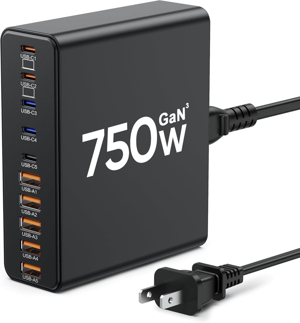 750W USB C Charger Block,10-Port Charging Station GaN Fast Charging Type C & USB A Wall Charger Adapter for MacBook Pro/Air,iPhone,iPad,Dell XPS,Samsung Galaxy (Bright Black)