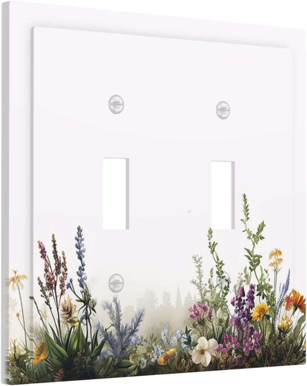 Decorative Switch Plate Covers White Background Colorful Flowers Plants Green Leaves 2 Gang Double Toggle Light Switch Cover Plate Electrical Wall Plate Outlet Cover for Bedroom Home Decor