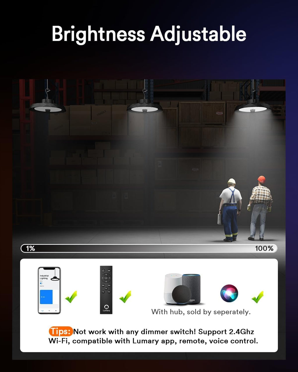 Lumary Bluetooth UFO LED High Bay Light with Remote, Adjustable Motion Detection, 16,000lm 5000K Daylight for Shop Garage, Aluminum Fin, Work with Alexa via Hub(Sold Separately), 120-277V, 100W