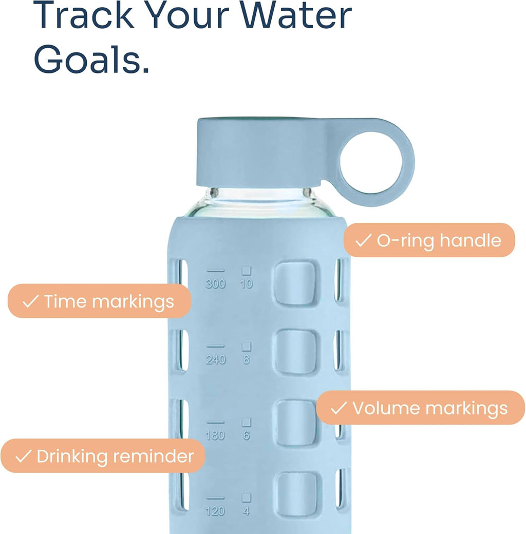 purifyou 40oz / 32oz / 22oz / 12oz Borosilicate Glass Water Bottle with Time & Volume Markers, Silicone Sleeve, Stainless Steel Lid | Reusable Glass Bottle for Water & Juice (12oz Ice Blue)