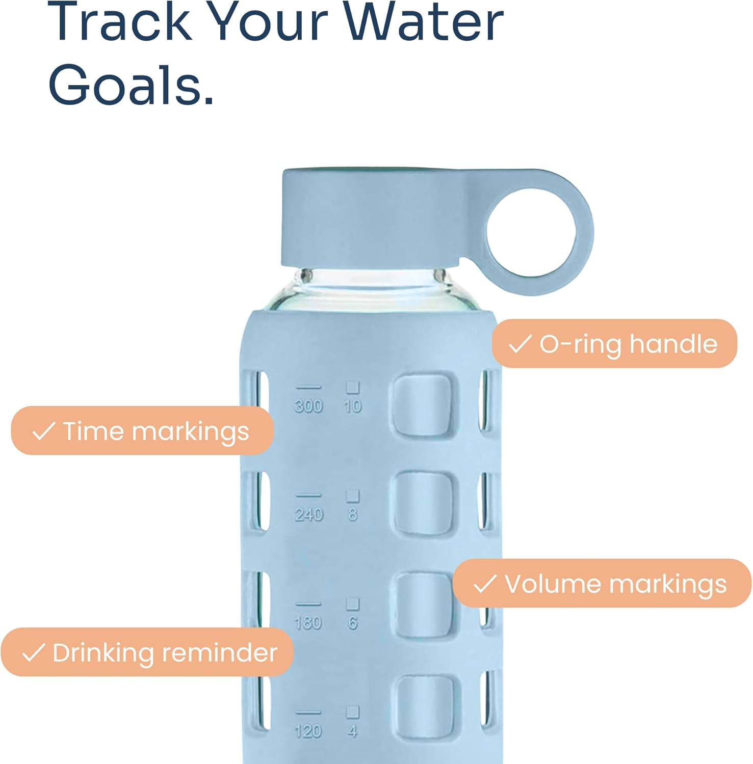 purifyou 40oz / 32oz / 22oz / 12oz Borosilicate Glass Water Bottle with Time & Volume Markers, Silicone Sleeve, Stainless Steel Lid | Reusable Glass Bottle for Water & Juice (12oz Ice Blue)