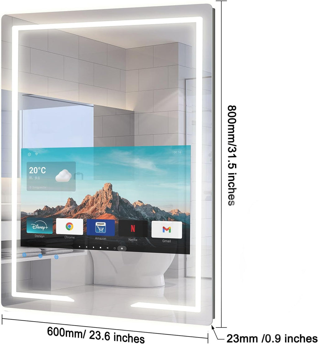 24x32 Inch Bathroom TV, Smart Vanity Mirror with 21.5'' Touch-Screen TV, IP66 Waterproof Defogging Mirror TV with 3 Color LED Light HDMI Android System for Bathroom Hotel Hair Salon (2025)