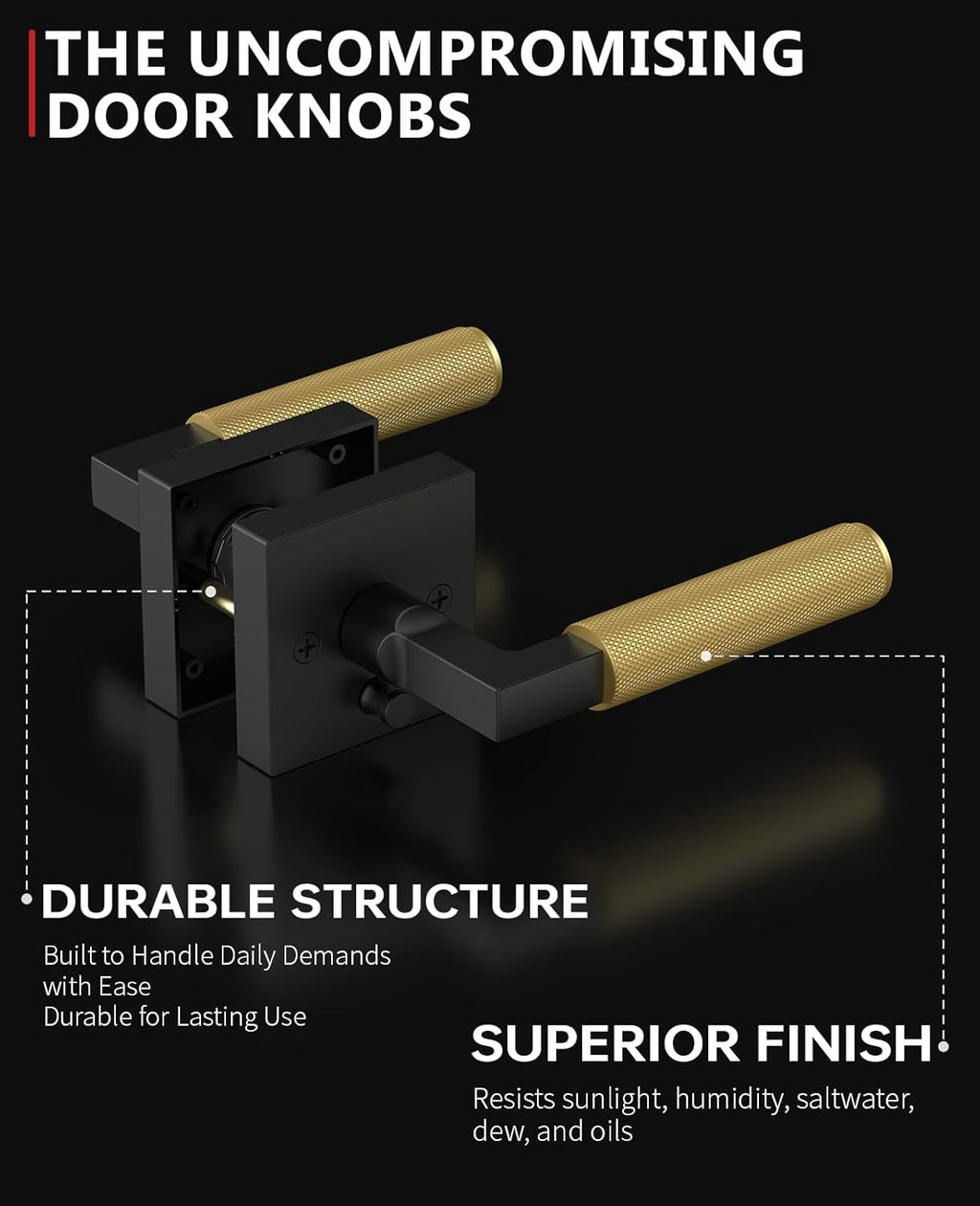 Asidrama 4 Pack Privacy Black and Gold Door Handles, Door Lever with Door Knobs Indoor for Bedroom or Bathroom, Heavy Duty Door Handles Interior with Locks for Left Right Sided Doors