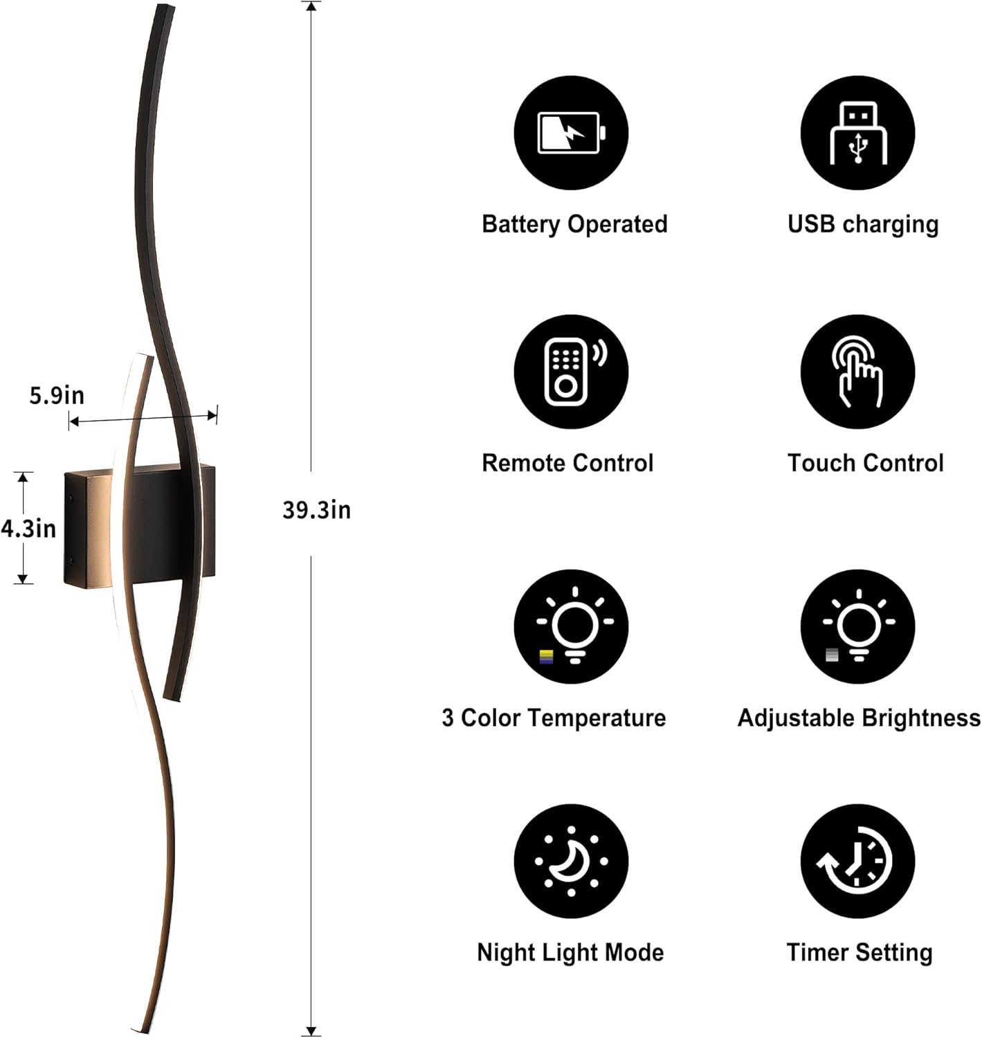 Battery Operated Wall Sconces with Remote Control, Dimmable/3 Color/Night-Light/Timer/Memory, Black Modern Wireless LED Sconce for Living Room, Hallway, Bedroom, 39.3 Inch (1 Pack)