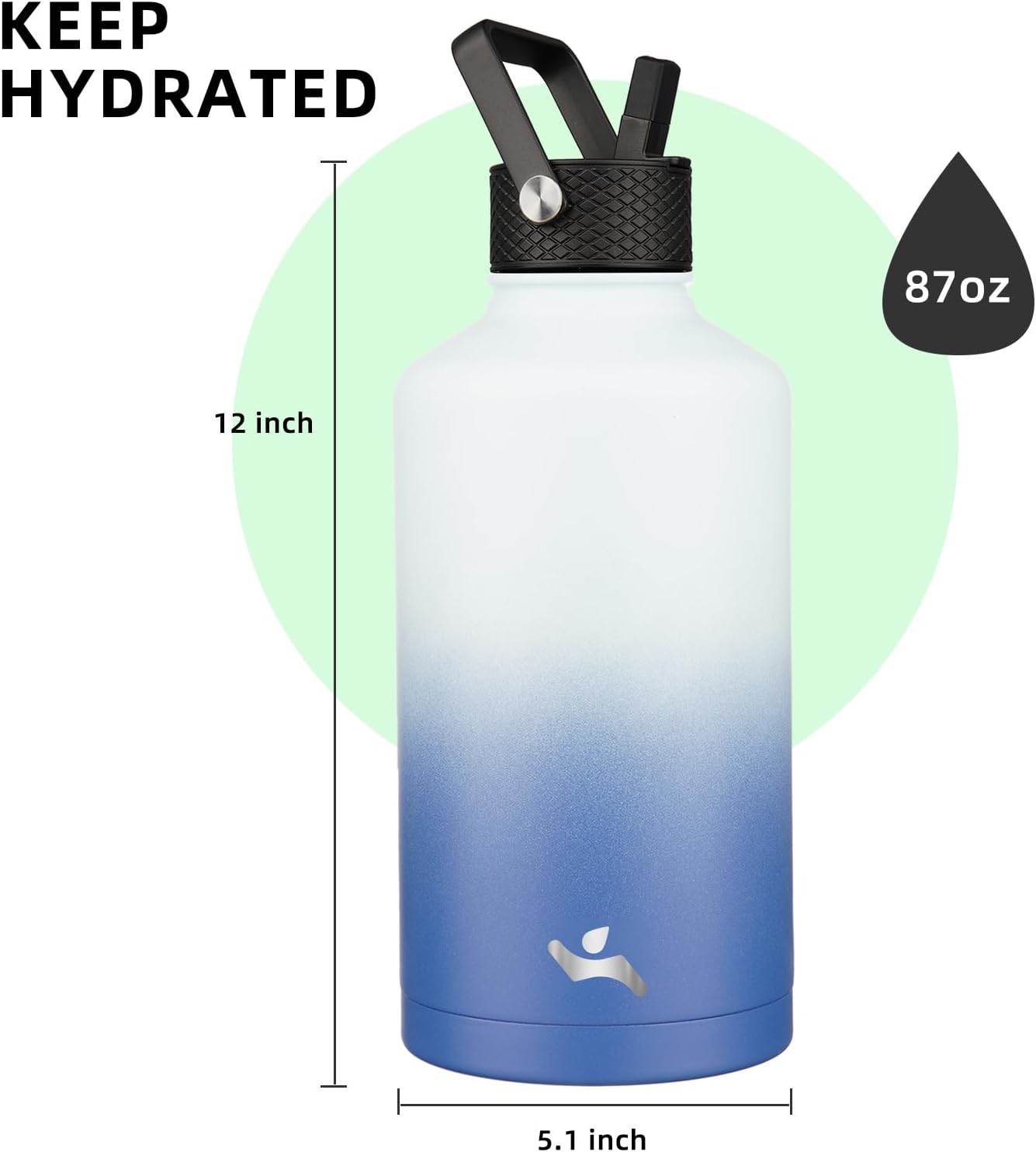 Insulated Water Bottle with Straw,87 oz 3 Lids Water Jug with Carrying Bag,Paracord Handle,Double Wall Vacuum Stainless Steel Metal Flask,Sky