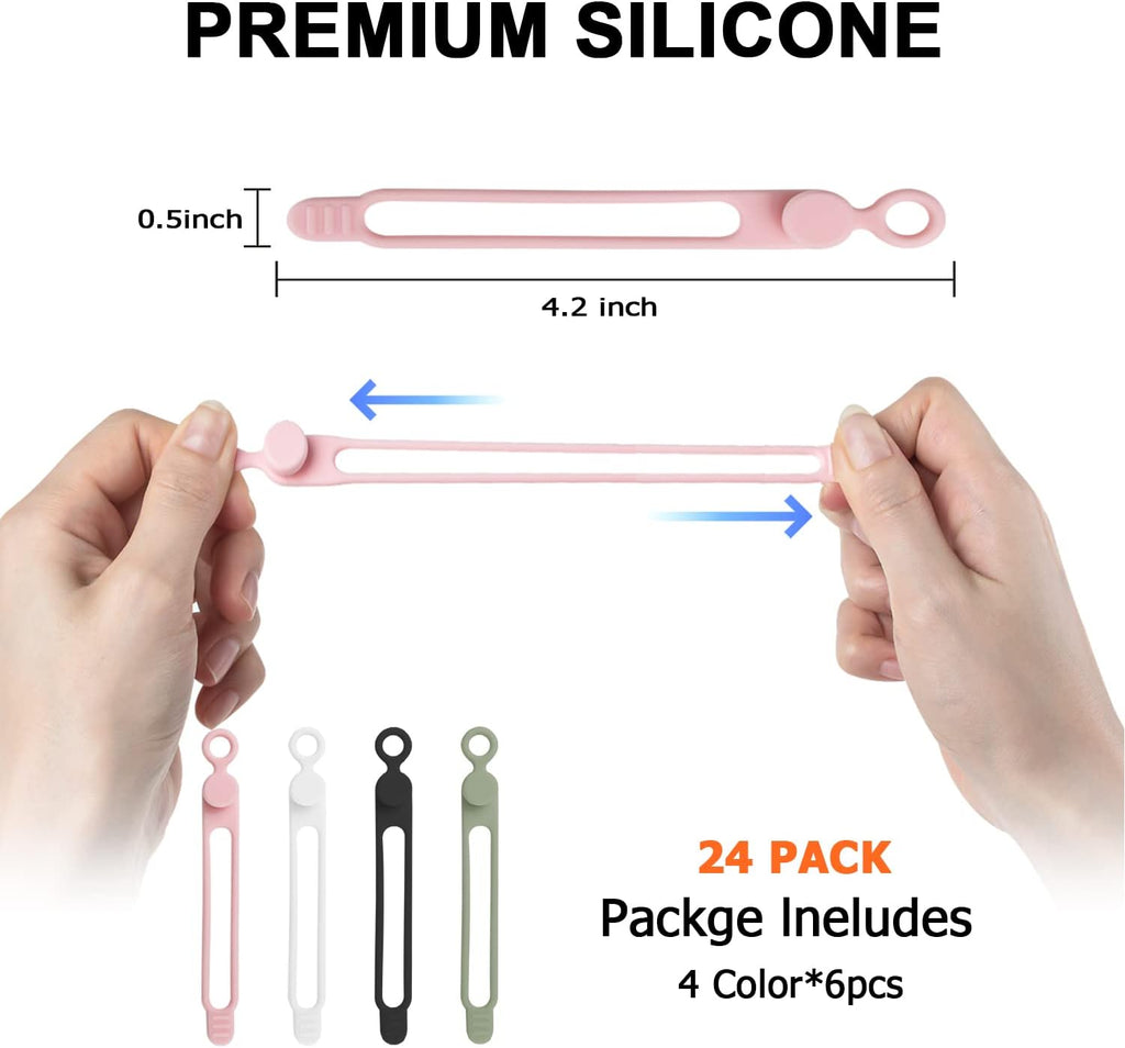 Nearockle 24Pcs Silicone Cable Straps Cord Organizer for Bundling Earphone, Phone Charger, Computer Cords, Reusable Cable Ties Wire Organizer in Home,Office,Kitchen,School (4 Colors)