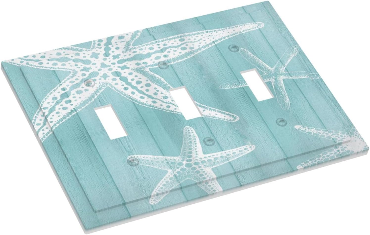 Decorative Light Switch Cover Plate Starfish Teal Wood Board Nautical 3 Gang Wall Plates for Electrical Outlets Triple Toggle Switch Plate Covers Outlet Covers Faceplate for Bedroom Home Decor