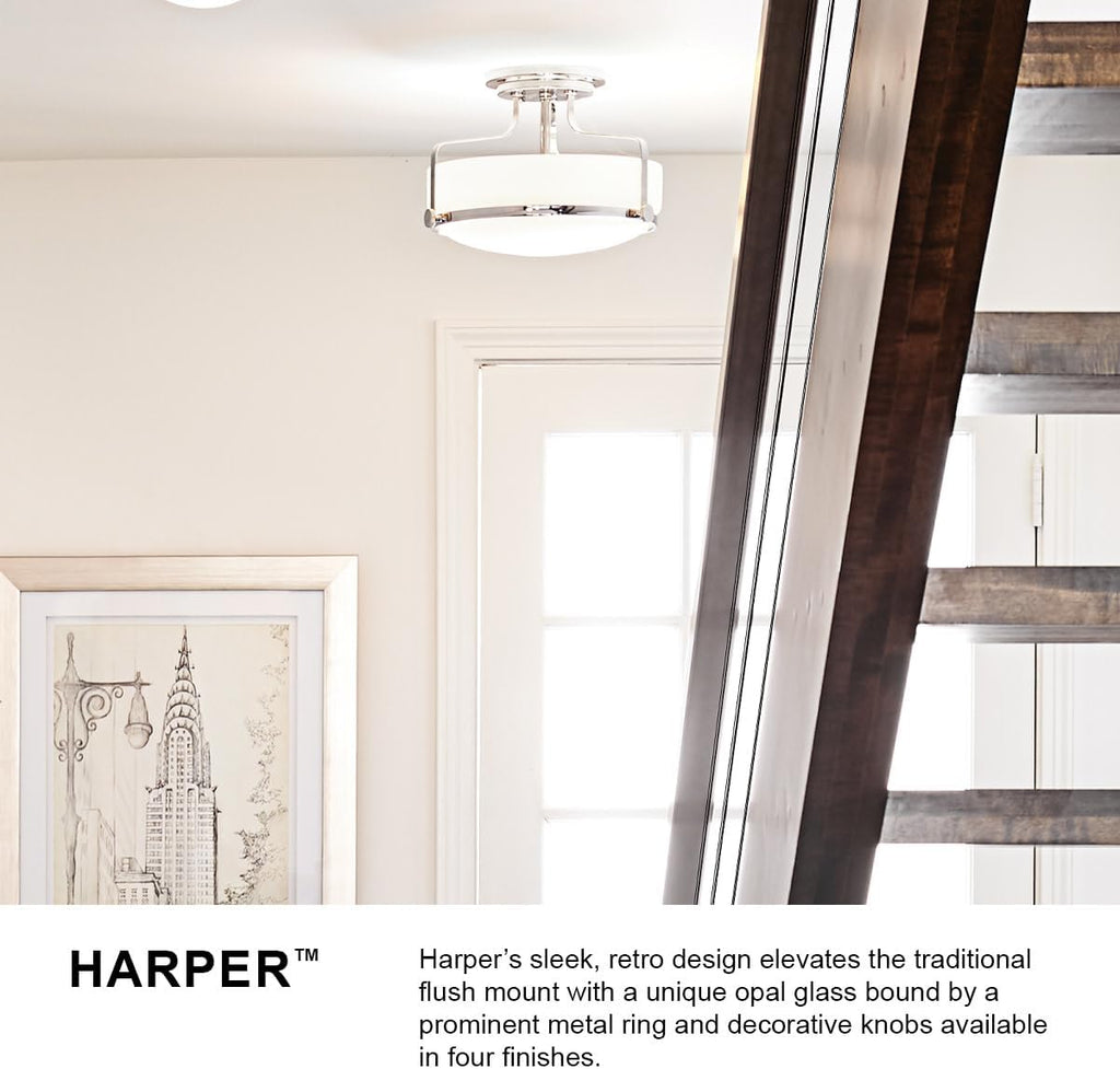 Hinkley Harper 3643BN Large Semi-Flush Ceiling Light - Sleek, Retro Style - Brushed Nickel + Etched Opal Glass