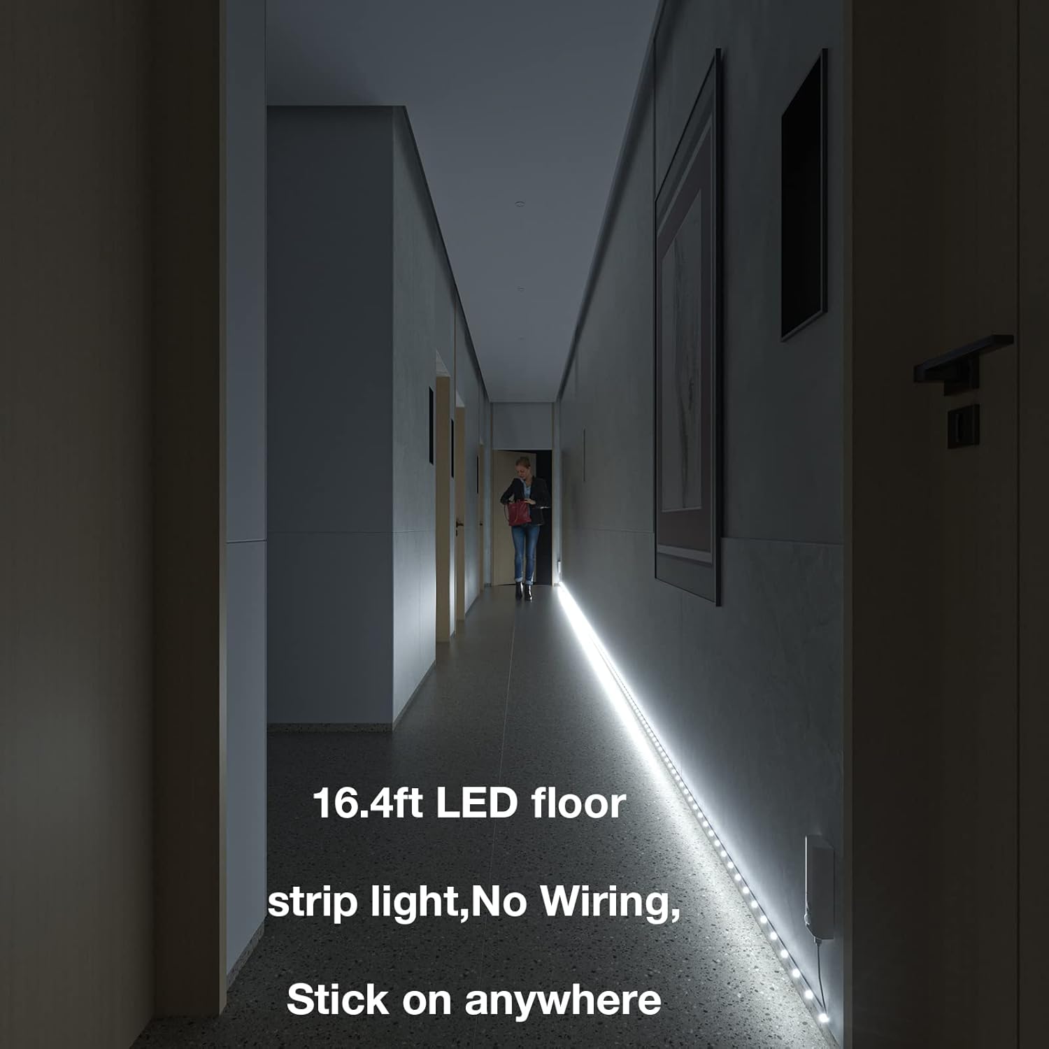 WOBANE Dual Motion Sensor Stair Lights Strip, Rechargeable 16.4ft LED Strip Lighting,150 LEDs Cuttable Tape Light for Hallway,Under Cabinet,Cupboard,Shelves,Gun Safe,Flexible,6000K White