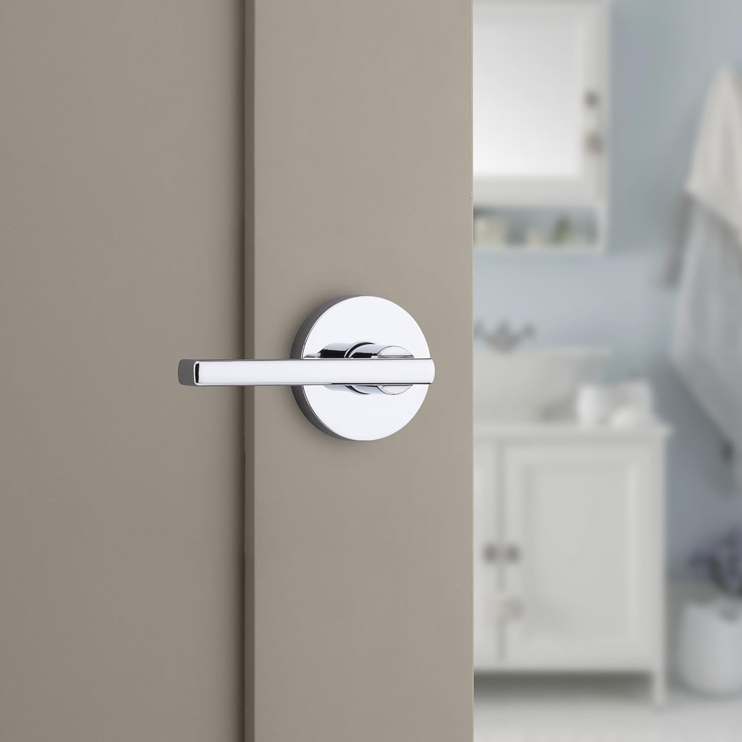 Kwikset Halifax Interior Privacy Door Handle with Lock, Round Lever for Bathroom and Bedroom, Polished Chrome Reversible Keyless Push Button Lock Door Lever, with Microban Protection