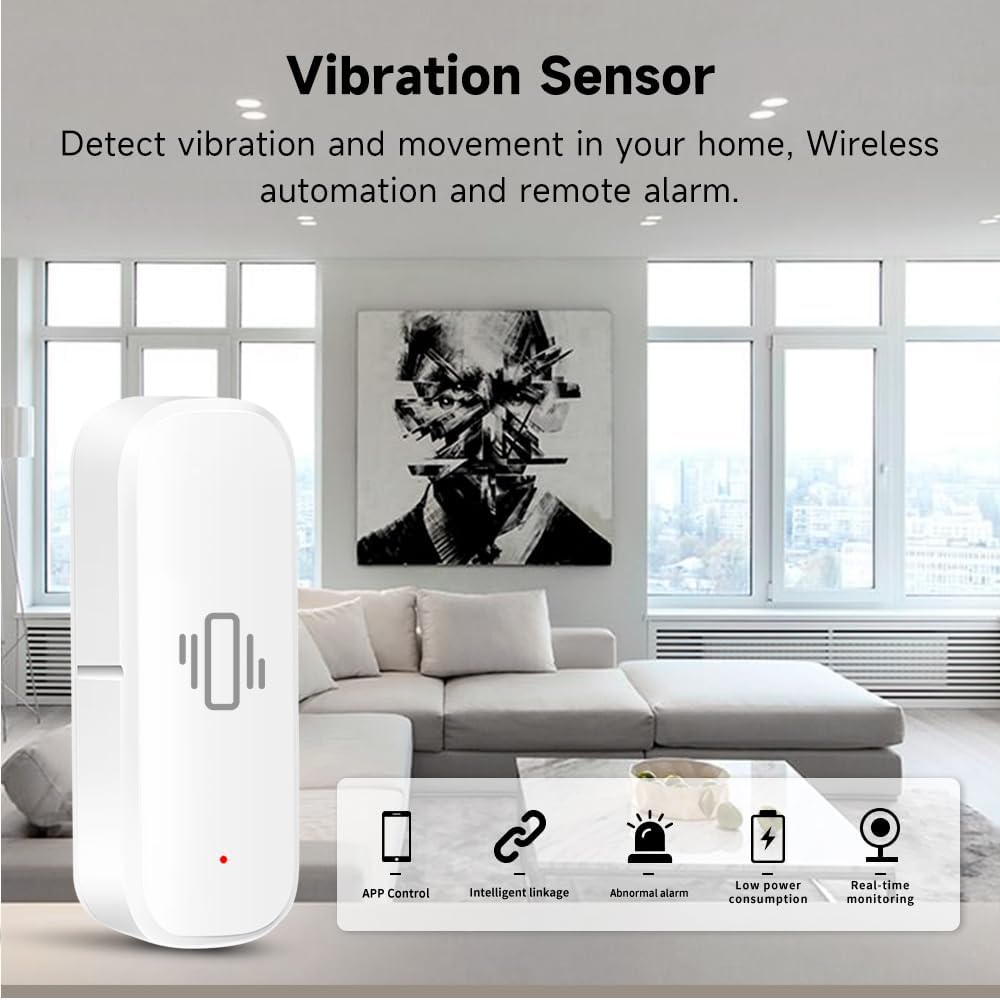 2.4G WiFi Vibration Sensor Shock Alarm Detector SmartLife/Tuya Smart App Notification for Indoor Window Security Door Alarm