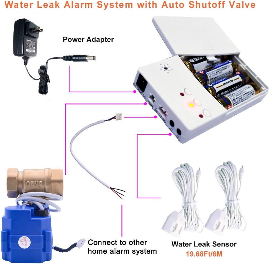 E-SDS Water Leak Detector with Shutoff Valve Sounds Alarm, Automatic Water Leak Shut Off Valve System for Pipes 3/4 NPT, Flood Prevention for Laundry,Water Heaters and More