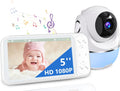 1080P No WiFi Baby Monitor with Camera and Audio, 5'' Screen 32-Hour 5000mAh Battery, 4X Zoom, Night Vision, 2-Way Talk, 8 Lullabies, 1200ft Long Range