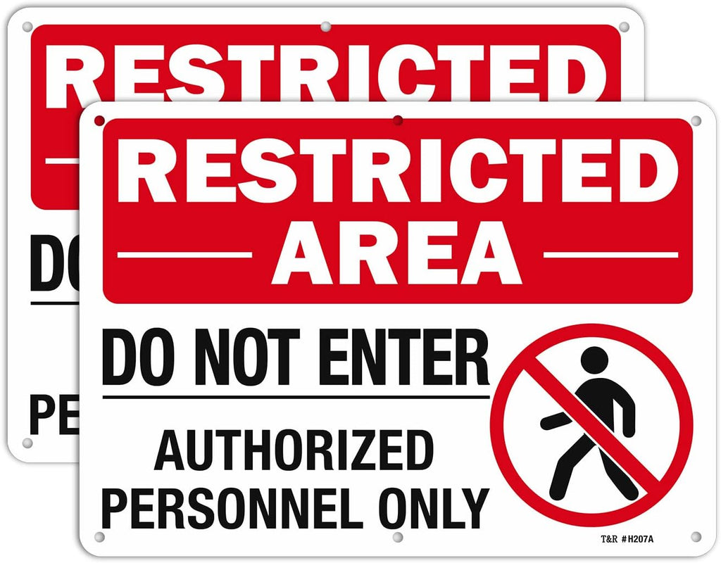 T&R Large Restricted Area Do Not Enter Authorized Personnel Only Sign,2 Pack,14x10 Inches Rust Free .040 Aluminum,UV Protected, Waterproof, Weatherproof and Fade Resistant,6 Pre-drilled Holes