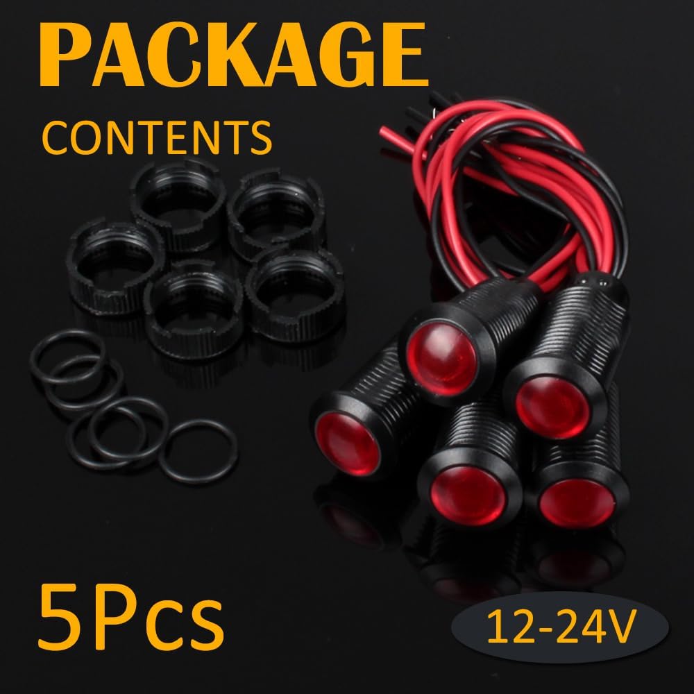 5pcs 12mm 12V-24V LED Indicator Light Plastic Black Signal Dot Lamp 1/2 inches Mounting Hole Size with 15cm/5.9in. Wire (Red LED)
