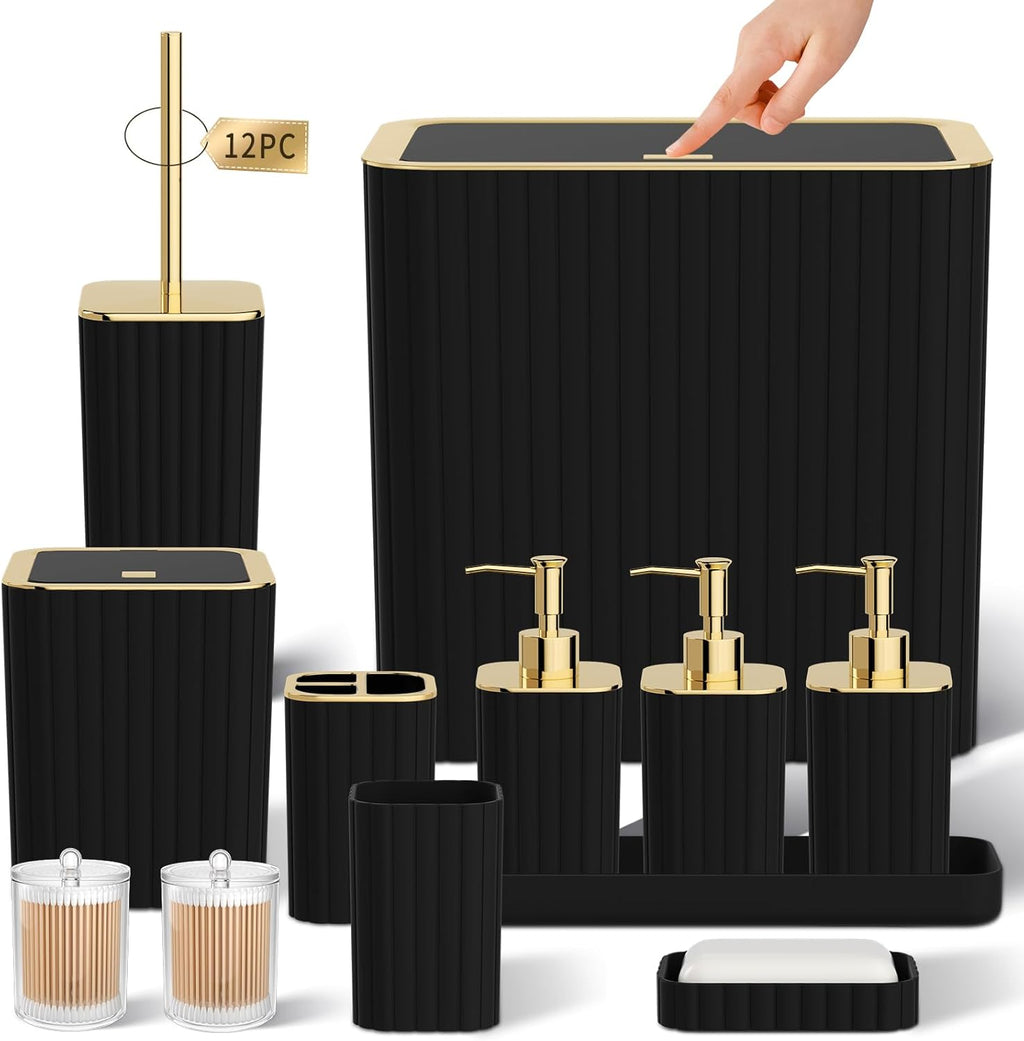 Bathroom Accessory Set - Bathroom Set, 12PC Bathroom Accessories Set, Black Bathroom Accessories Set, Mini Trash Can, Toilet Brush, Trash Can & Soap Dispenser