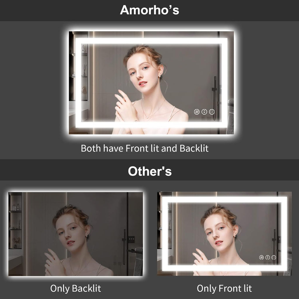 Amorho LED Bathroom Mirror, 72" X36" with Front Light and Backlit, Large Wall Mirrors with Anti-Fog, Dimmable, Shatter-Proof, Memory, 3 Colors, Mountable LED Vanity Mirror