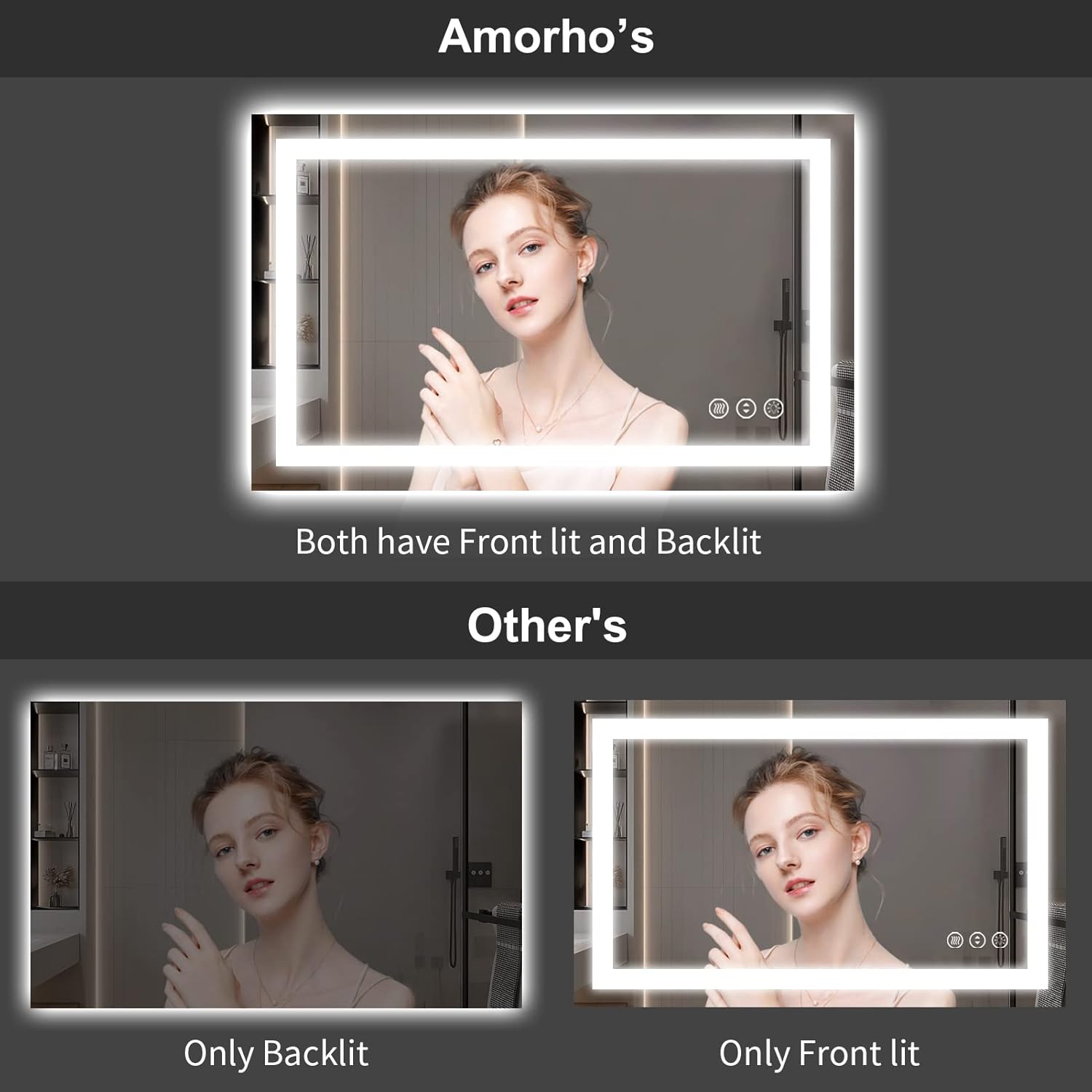 Amorho LED Bathroom Mirror, 38'' X38'' with Front and Backlit, Stepless Dimmable Wall Mirrors with Anti-Fog, Shatter-Proof, Memory, 3 Colors, Double LED Vanity Mirror