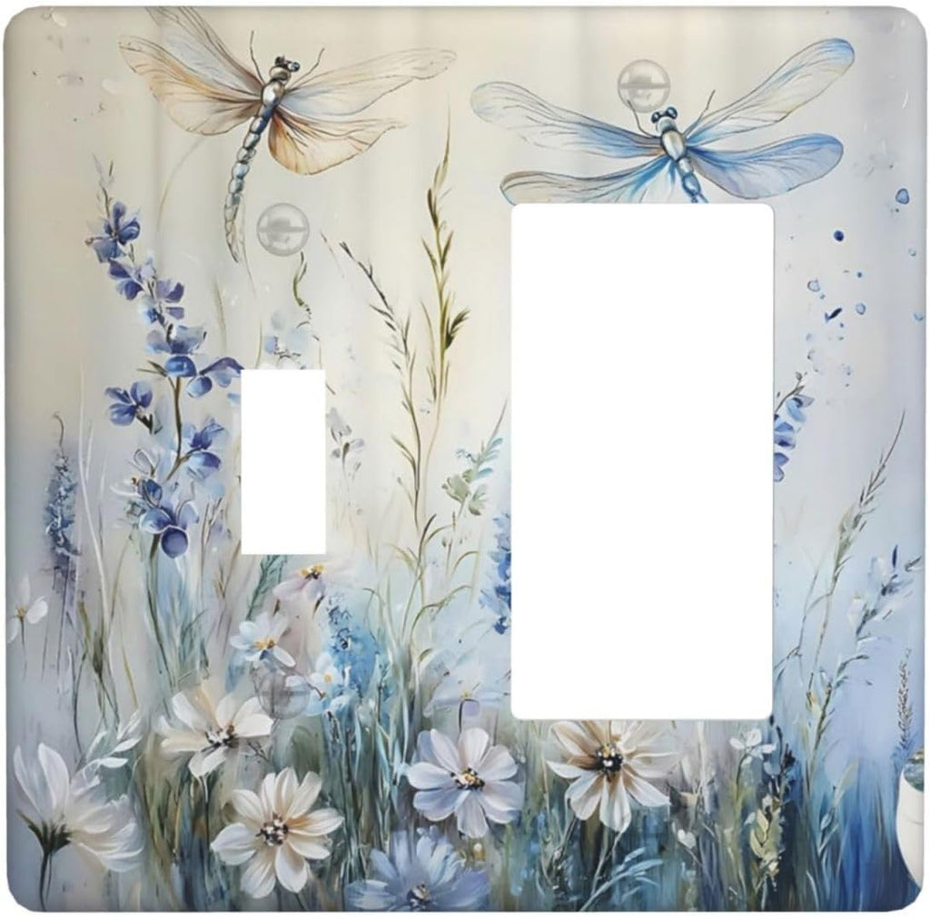 Decorative Outlet Covers Watercolor Dragonfly Blue Wihte Flower 2 Gang Light Switch Cover Plate Single Toggle 1 Rocker Wall Plates for Electrical Outlets Switch Plate Covers for Bedroom Decor