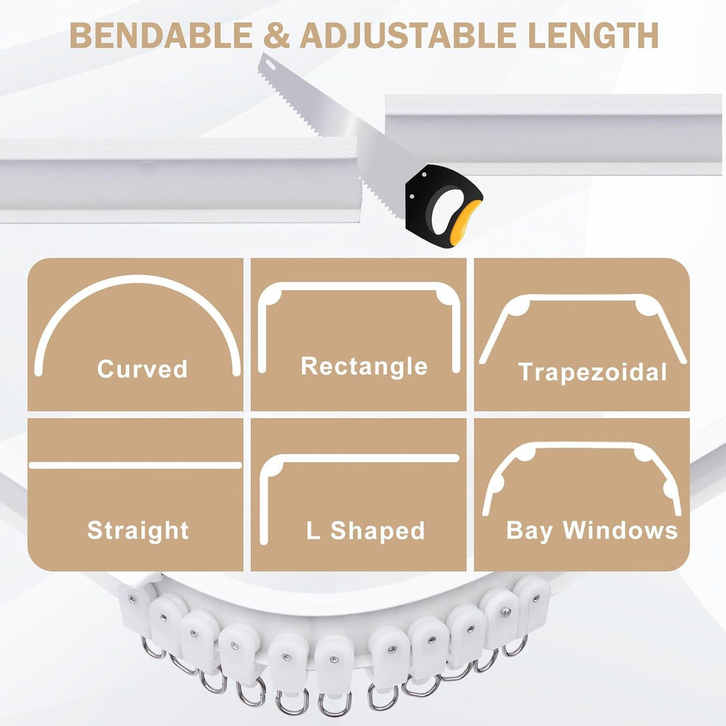 Aluminum Ceiling Curtain Track Set with Hooks Ceiling Mount and Wall Mount Room Divider Sliding Curtain Tracks Rods Flexible Heavy Duty Curtain Rail Hook Sets,White,12FT