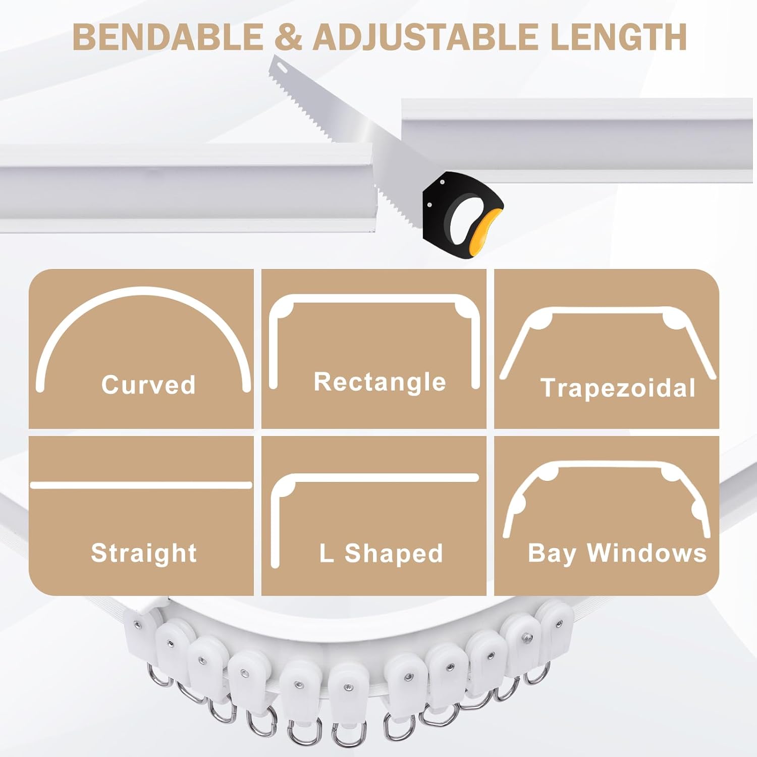 Aluminum Ceiling Curtain Track Set with Hooks Ceiling Mount and Wall Mount Room Divider Sliding Curtain Tracks Rods Flexible Heavy Duty Curtain Rail Hook Sets,White,9FT
